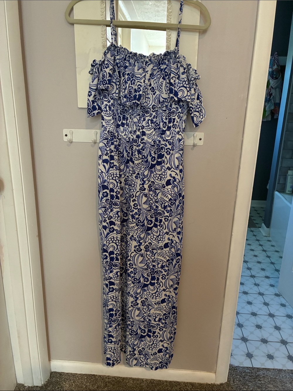 Tommy Hilfiger Blue & White Off-Shoulder Printed Jumpsuit